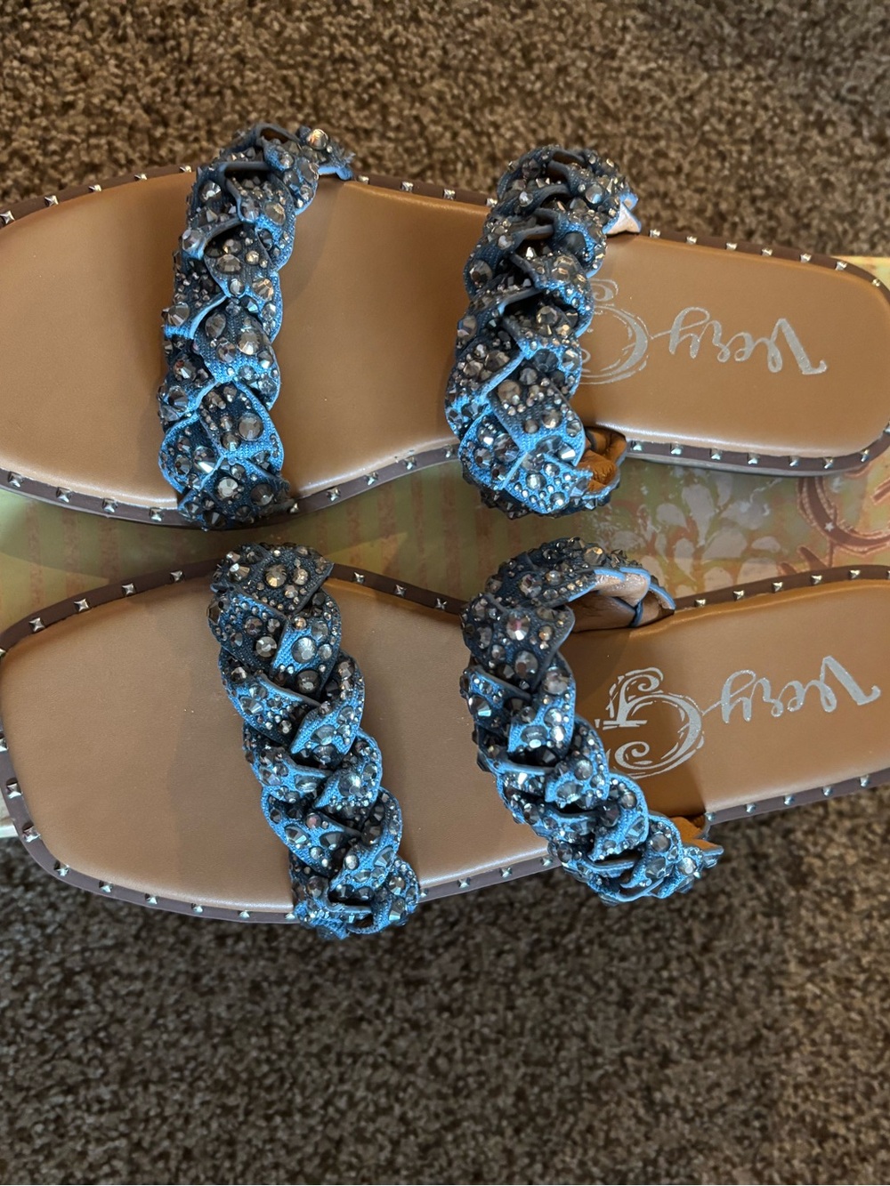 Very G Open-Toe Braided Embellished Natalie Slide Sandals - Blue. Size 8.